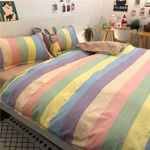 Sonicelife Ins Pink Cute Duck Cartoon Fruit Printed Bedding Set Soft Queen King Size Flat Bed Sheet Quilt Cover Pillowcase Kawaii