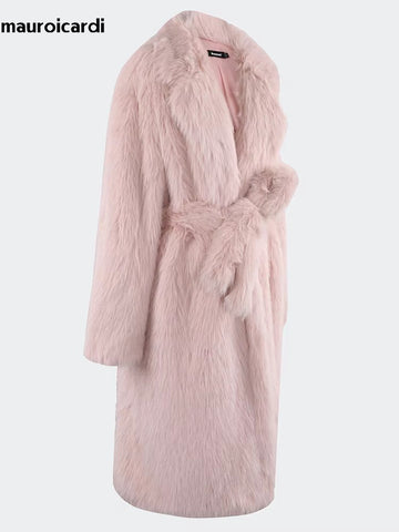 christmas outfit Sonicelife Spring Winter Long Oversized Pink Hairy Thick Warm Soft Faux Fox Fur Coat Women Sashes Loose Korean Fashion 2025