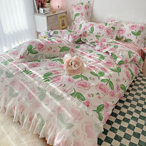 Sonicelife Ins Princess Bedding Set No Filler Floral Korean Ruffles Duvet Cover Pillowcase Bedskirt Single Queen Size Home Decor Bedspread