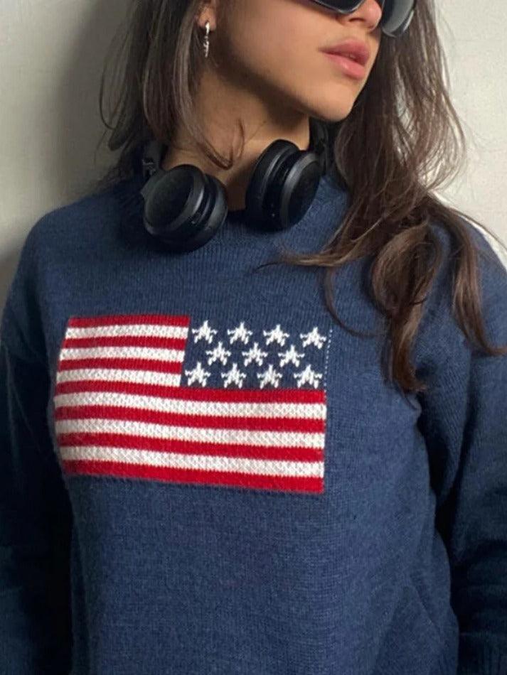 Back To School Sonicelife Retro Flag Jacquard Sweater