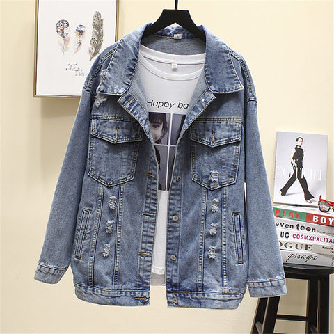 Sonicelife 2025 Autumn New Denim Jacket Women Harajuku Printed Frayed Beading Loose Casual Jeans Jacket Coat Outwear Female Jacket P521