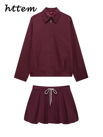Sonicelife Fashion Red Wine Jacket Mini Skirt Sets Women Casual Lapel Zipper Jackets Pleated Lace Up Skirt 2024 Autumn Lady Vintage Outfits