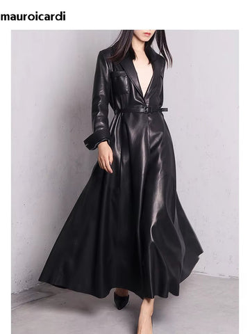 christmas outfit Sonicelife Spring Black Maxi Skirted Faux Leather Trench Coat for Women Extra Long Elegant Luxury Designer Clothes Overcoat