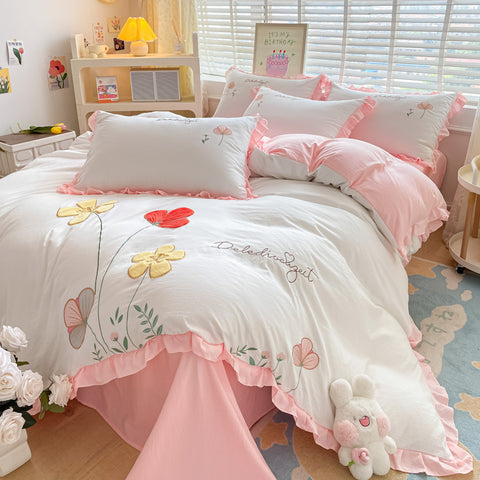 Sonicelife Ins Korean Style Bedding Set with Ruffles Princess Duvet Cover No Filling Flat Sheet Pillowcases Kit Girls Blue Pink Solid Color