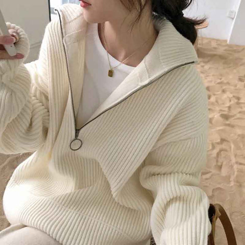 Black Friday Sonicelife Turtleneck Knitted Pullovers Women Autumn Warm Solid Zipper Long Sleeve Casual Jumper Fashion Loose All Match Sweaters