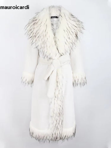 christmas outfit Sonicelife Winter Long White Thick Warm Luxury Elegant Fluffy Faux Fur Coat Women with Fake Fox Fur Trim Sashes Furry Overcoat