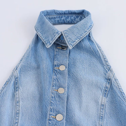 Sonicelife Women's Denim Jumpsuit with Hanging Neck Single Breasted Design Fashionable and Sexy Temperament Hanging Back New
