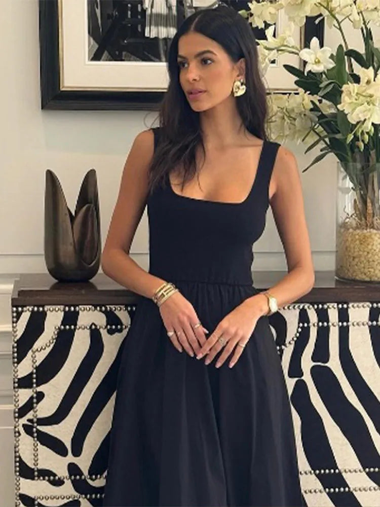 Sonicelife Elegant Square Neck High Waist Patchwork Dress Sexy Spliced Sleeveless Backless Long Dress 2025 Summer Lady Vocation Party Robes