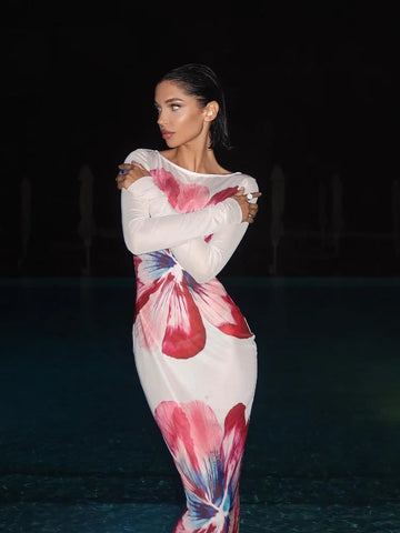 Sonicelife Elegant Printed Slim Fit Long Dress Fashion Round Neck Full Sleeve See Through Robes New Female Summer Party Club Vestidos 2025