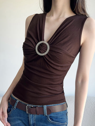 Sonicelife Vintage Y2k Brown Vest Women Mall Gothic Streetwear Harajuku Ring V-neck Tank Tops New Fashion Grunge Rave Outfits Femme