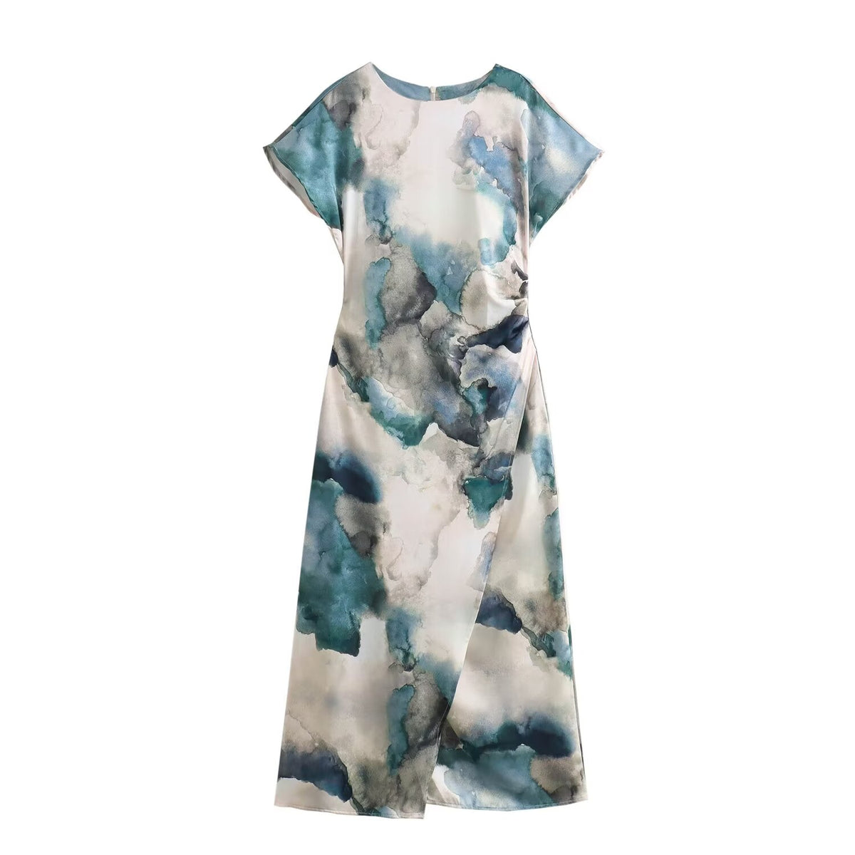Sonicelife Women's Short Sleeved Pleated Dress, Round Neck Tie Dye Silk Satin Printed, Casual Temperament, Versatile, New