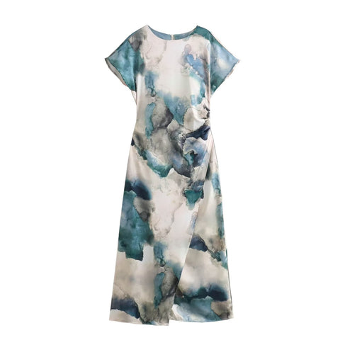 Sonicelife Women's Short Sleeved Pleated Dress, Round Neck Tie Dye Silk Satin Printed, Casual Temperament, Versatile, New