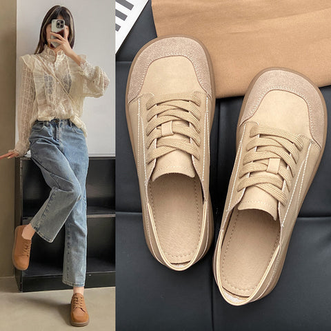 Sonicelife Woman's Winter New Leather Lace Up Plush Warm Flat Sole Cotton Shoe Soft  Non Slip Widened Round Toe Mom's  Shoes