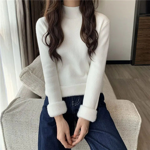 Black Friday Sonicelife Fall Warm Slim Women Sweater Korean Casual Mock Neck Thick Velvet Knit Pullover Solid Soft Basic All Match Knitwear Jumper New