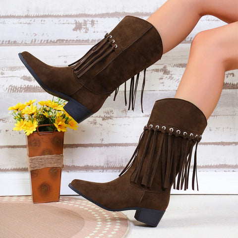 Sonicelife New Women Vintage Fringe Boots Low Chunky Heel Pointed Toe Winter Boots High Quality Female Western Cowboy Boots Platform Shoes