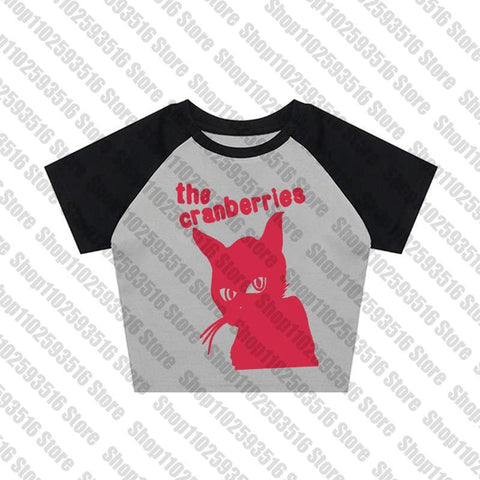 Sonicelife Gothic Punk Baby Tee Vintage Street Women cat Graphics Grunge T-shirt Y2k Clothes Aesthetic Cute Slim Crop Top shirt Slim Goth