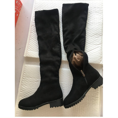 thanksgiving outfit Sonicelife 2024 Autumn Over Knee High Boots Fur Fashion Shoes 4cm High Heels Soft Flock Stretch Botas Big 43