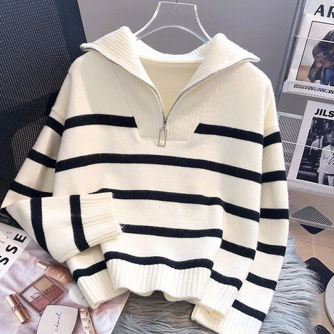 Black Friday Sonicelife Korean Striped Knit Pullover Women Half Zip Casual Loose Lazy Autumn Winter Jumpers Pretty Style Basic Warm Female Sweater