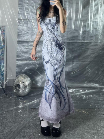 Sonicelife Vintage Gothic Dress Women Emo Alt Streetwear Y2k Butterfly Bone Printed Spaghetti Strap High Waist Bodycon Dress Female