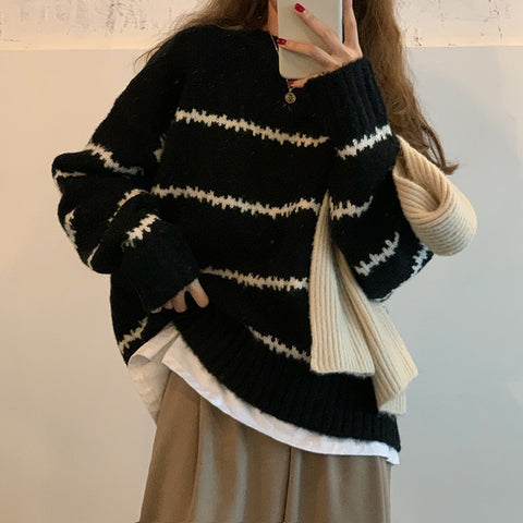 Sonicelife Vintage Striped Women Sweater Casual O Neck Korean Knitted Pullover Top Winter Thick Loose Female Jumper New
