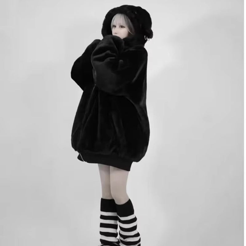 christmas outfit Sonicelife Spring Winter Warm Thick Soft Faux Fur Hoodie Women with Bear Ears Dark Academia Clothing vintage Fluffy Jacket 2025