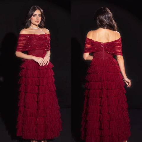 Sonicelife Customized Matching Net Pleat A-line Off-the-shoulder Midi Dresses Prom Dresses Classic Exquisite Modern Style Pastrol  Chinese (PRE-ORDER)