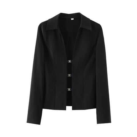 Sonicelife Women's Single Breasted Long Sleeved Shirt with Metal Buckle Hollow Out Sexy Design Fashionable Temperament New