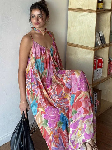 Sonicelife Elegant Flowers Pleated Loose Casual Robes Women Printed Sleeveless Backeless Sling Maxi Dresses Chic Vacation Vestdios 2025 New