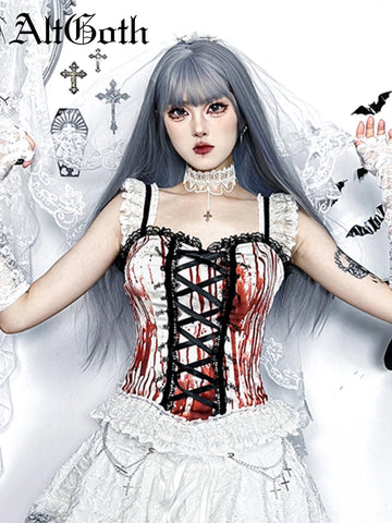 Sonicelife Halloween Dark Gothic Camis Women Streetwear Sexy Cyber Punk Y2k Grunge Blood Red Printed Lace Patchwork Crop Tank Tops