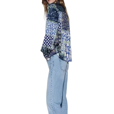 Sonicelife Women's Long Sleeved Single Breasted Top, Shirt with Patchwork Printing Design, Silk Texture, Versatile, New