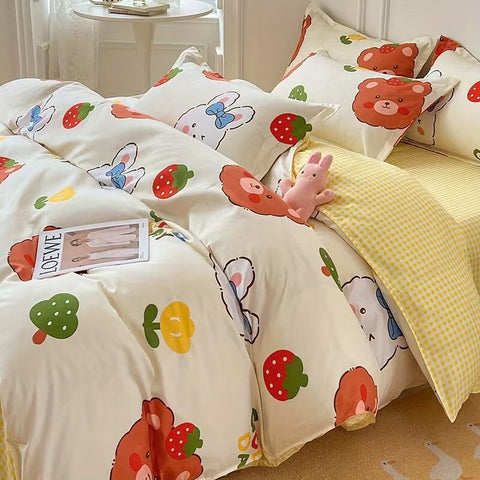 Sonicelife Ins Cartoon Rabbit Duvet Cover Set Soft Blue Flat Sheet Quilt Cover Pillowcase Bed Linen Twin Queen Full Size Floral Bedding Set