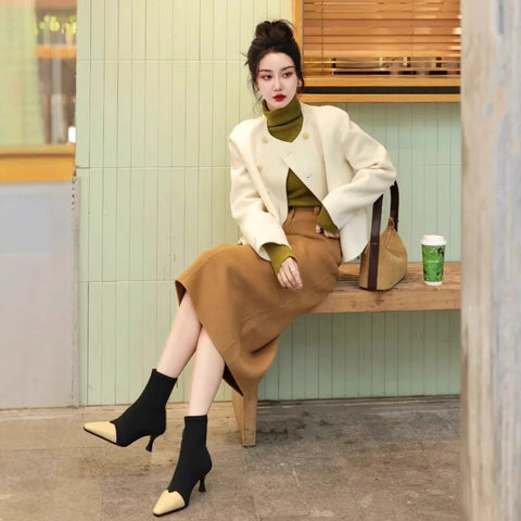 thanksgiving outfit Sonicelife Fashionable High-End Tweed Style Women's Sweater Skirt Leather Jacket Suit New Arrival Autumn 2024 Elegant and Stylish