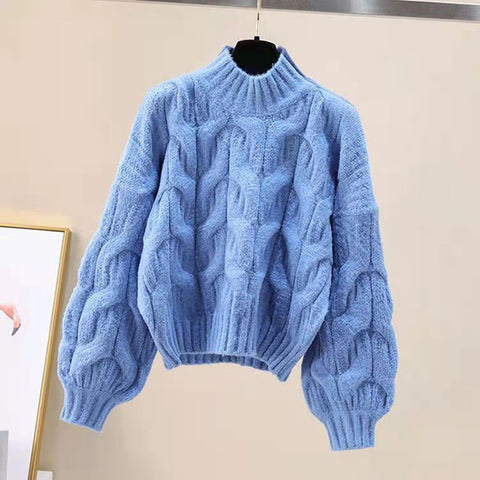 Black Friday Sonicelife Twist Sweater Women Lantern Long-Sleeved Loose Lazy Chic Fall Winter Korean Knitted Casual O-Neck Pullover Female Sweet Jumpers