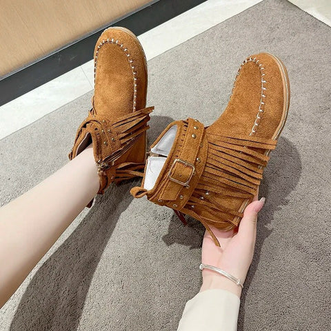 Sonicelife Vintage Women Boots Suede Ankle Boots Fringe Women Shoes Winter Boots Women Side Zipper Casual Shoes Round Toe Ladies Snow Boot