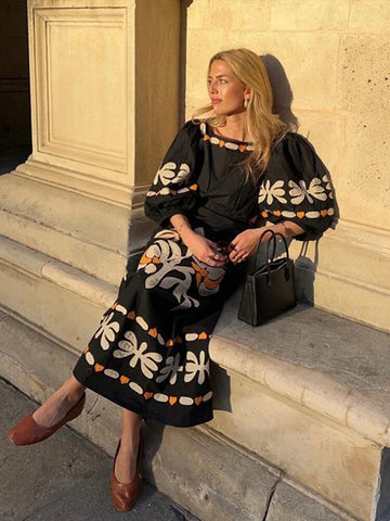 Sonicelife Fashion Print Square Collar Long Dress Women Loose Puff Sleeve Hollow Out Female Dresses 2024 Summer Lady Elegant Holiday Robes