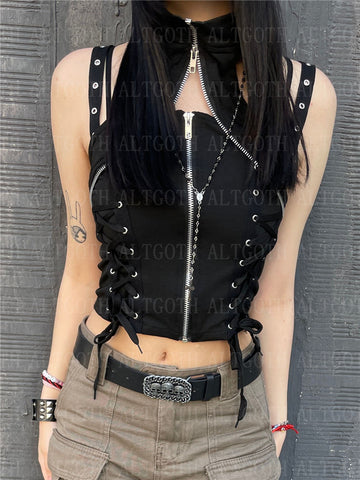 Sonicelife Harajuku Dark Goth Vest Women Cyber Punk Streetwear Bandage Hollow Out Corset Crop Tank Tops Emo Alternative Rave Outfit