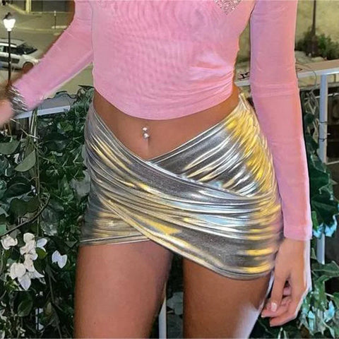 Sonicelife Sexy Women Metallic Silver PU Leather Mini Skirts Bodycon Cross Skirts Summer Party Y2K Lady High Waist Elastic Pleated Skirts