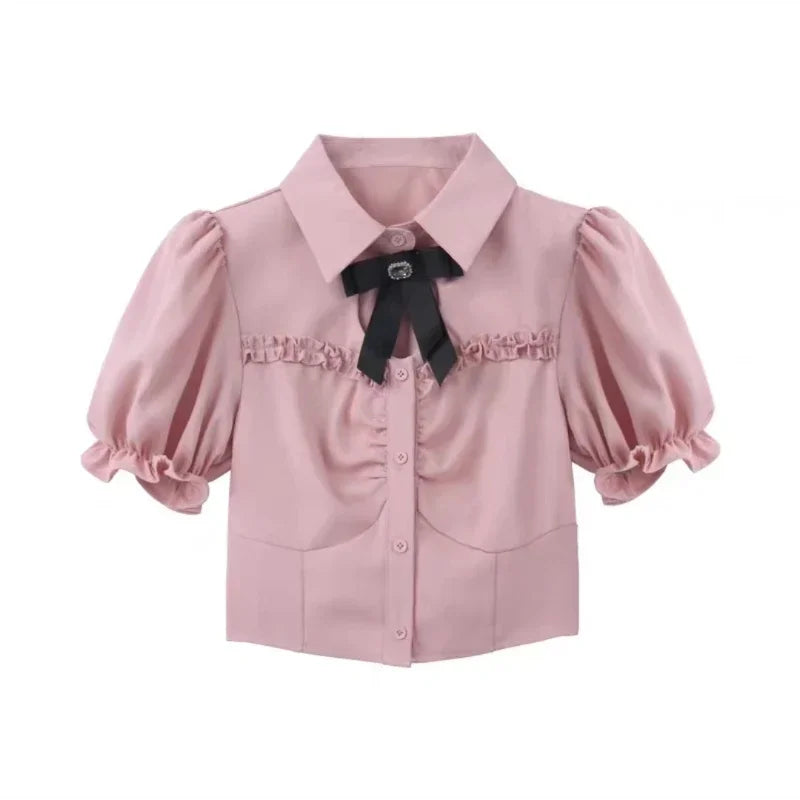 Sonicelife Summer Cute Girl Kawaii Two-piece Women Korean Stlye Elegant Pink Puffed Sleeves Heart Hollow Shirt + Black Suspender Mini Skirt