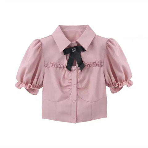 Sonicelife Summer Cute Girl Kawaii Two-piece Women Korean Stlye Elegant Pink Puffed Sleeves Heart Hollow Shirt + Black Suspender Mini Skirt