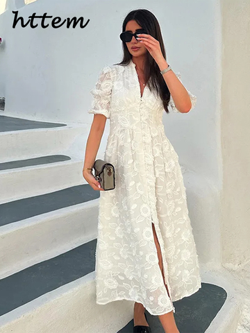 Sonicelife Elegant Lace Embroidery Single Breasted Dress Women Loose V-neck Lantern Sleeve Female Dresses 2024 Summer Lady Holiday Robe New