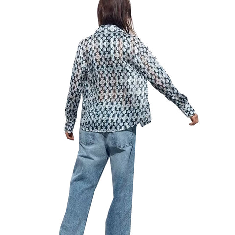 Sonicelife Women's Printed Shirt with Metal Thread Decoration, Casual and Versatile, Long Sleeved, Single Breasted Top, New