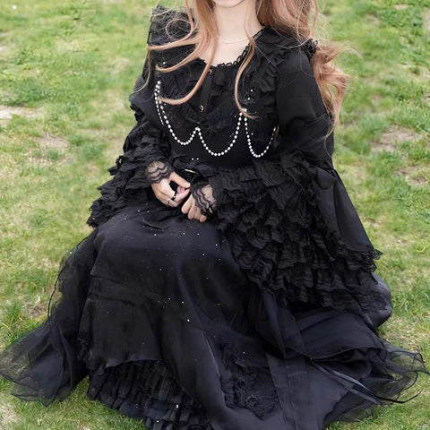 Sonicelife Japanese Lolita Shirt Women Y2K Aesthetic Lace Patchwok Blouse Autumn Kawaii Girl Sweet Cute Pleated Bow Flare Sleeve Blusas Top