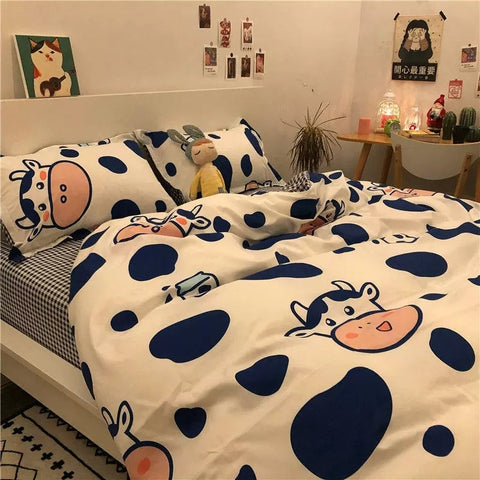 Sonicelife Ins Pink Cute Duck Cartoon Fruit Printed Bedding Set Soft Queen King Size Flat Bed Sheet Quilt Cover Pillowcase Kawaii