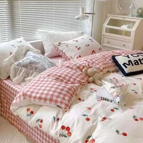 Sonicelife Kawaii Cherry Duvet Cover Set Pillowcase Flat Sheet Floral Boys Girls Twin Full Size Soft Bedding Kit Korean Ins Style Home Use