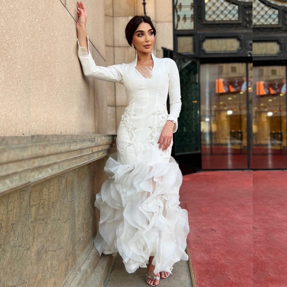 Sonicelife Customized Chinese Style Jersey Pleat Mermaid V-neck Bespoke Occasion Dresses Classic Exquisite Modern Style Pastrol Unisex Form (PRE-ORDER)