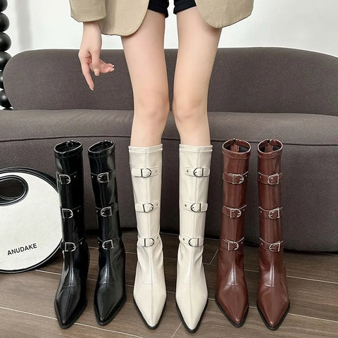 Sonicelife Pointed Toe Women Knee High Boots Belt Buckle Design Black Brown Wedge High heels Slip On Winter Knight Chelsea Botas Sexy Party