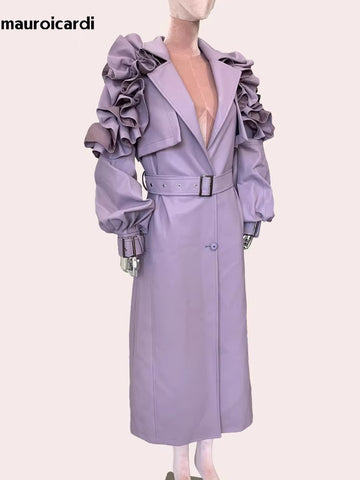 christmas outfit Sonicelife Spring Long Soft Purple Faux Leather Trench Coat for Women with Ruffled Lantern Sleeve Elegant Luxury Chic Overcoat