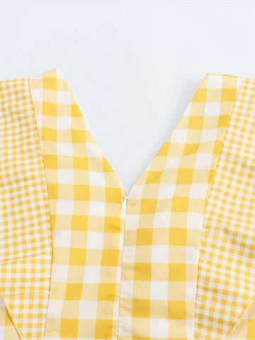 Sonicelife Fashion Plaid Print Flying Sleeve Long Dress Women V-neck Sleeveless High Waist Female Dresses 2024 Summer Lady Holiday Robe New