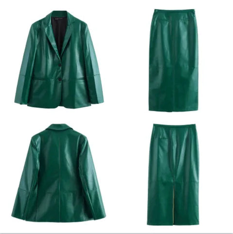 thanksgiving outfit Sonicelife 2024 Autumn New Arrival Women's Leather Green Straight Cut Suit Jacket With Split Side Skirt Medium Length Dress Set