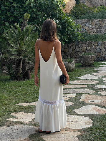 Sonicelife Fashion V Neck Hollow Out Ruffles Hem Midi Dress Elegant Backless Sleeveless Solid A-line Women's Dresses 2025 Summer Lady Robes